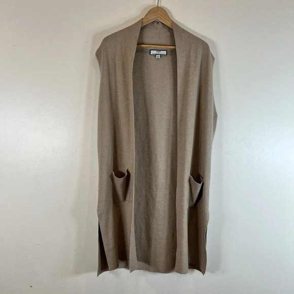 Hilary Radley for Katherine Barclay Tan Midi Open Sleeveless Cardigan L - Picture 1 of 8